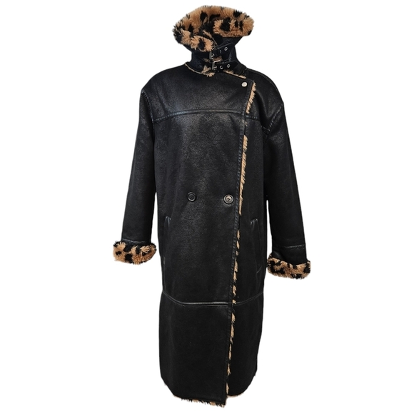 Avec Les Filles Crackle Faux Suede Animal Print Sherpa Midi Coat Size Medium - Picture 10 of 11